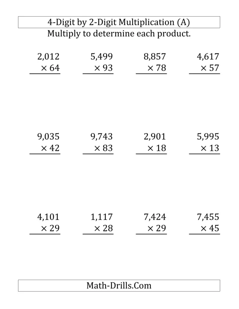4-Digit by 2-Digit Multiplication (Large Print) 4-Digit by 2-Digit Multiplication (Large Print)