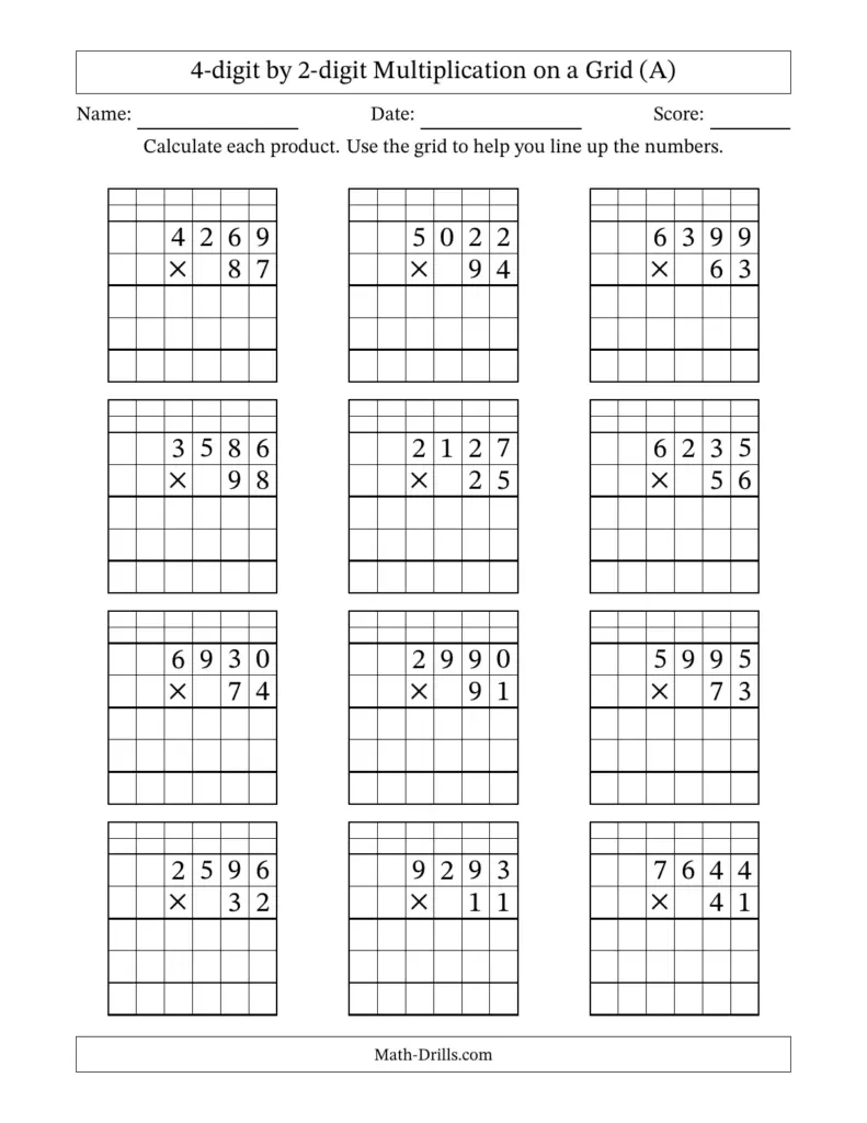 4-Digit by 2-Digit Multiplication with Grid Support (A) 4-Digit by 2-Digit Multiplication with Grid Support (A)
