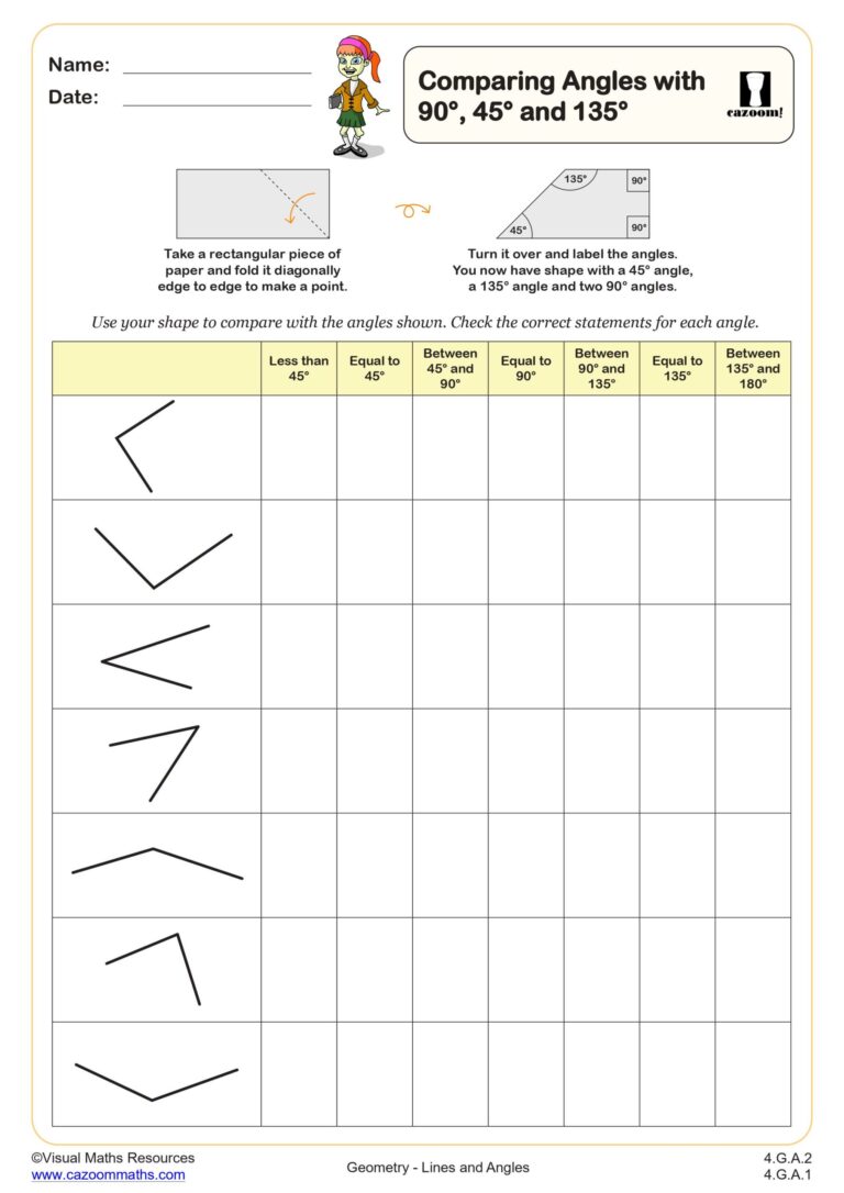 Free printable 4.G.A.2 Worksheets for comparing angles with various shapes and measurements