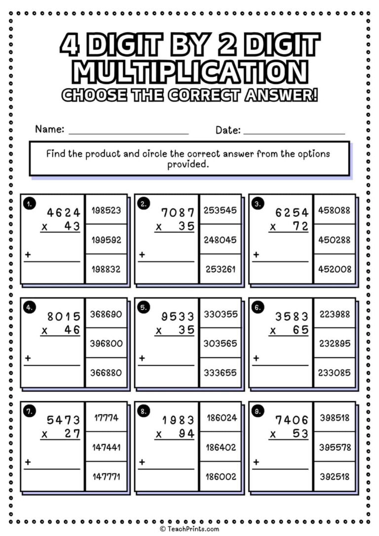 Printable 4rd Grade Math Worksheets For Grade 2 featuring 4 digit by 2 digit multiplication problems