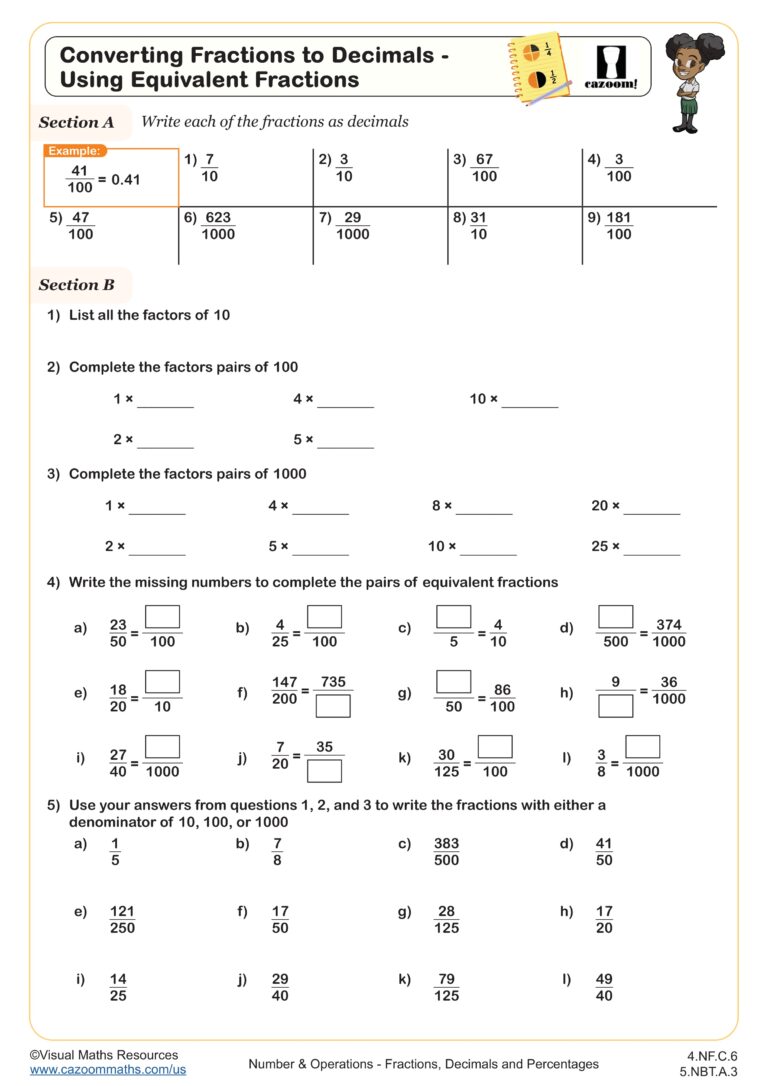4th Grade Math Worksheet Math Drills featuring converting fractions to decimals exercises