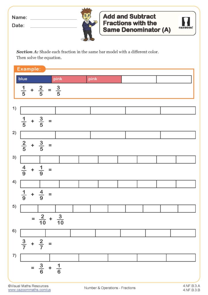 4th Grade Math Worksheets – Printable and Free 4th grade math worksheet for adding and subtracting fractions with bar models
