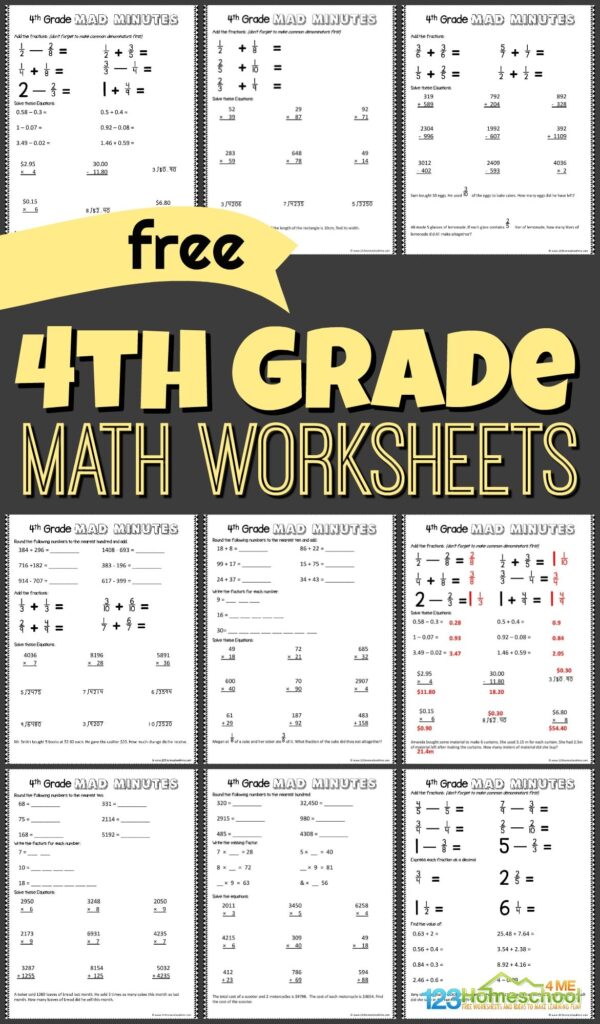 A selection of free 4th grade math worksheets for students to practice various math skills