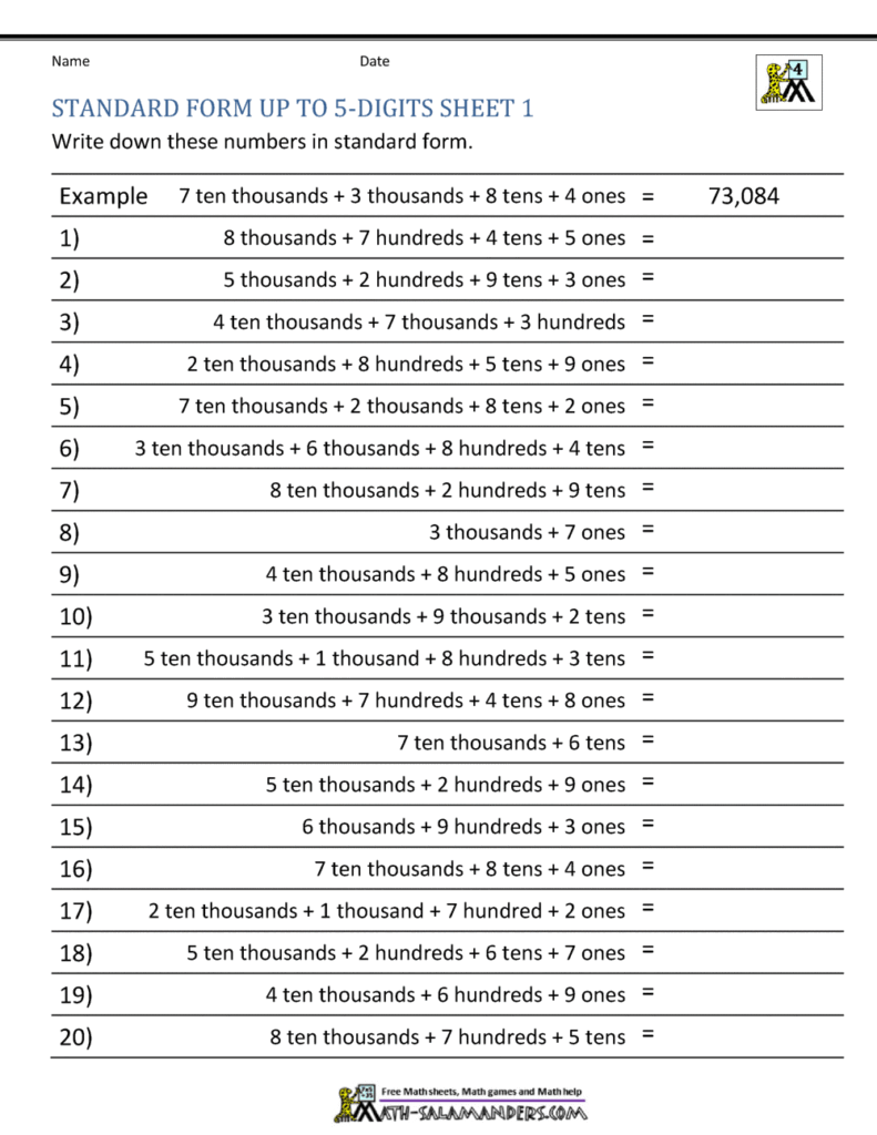 Worksheet showing place value exercises for 4th grade students