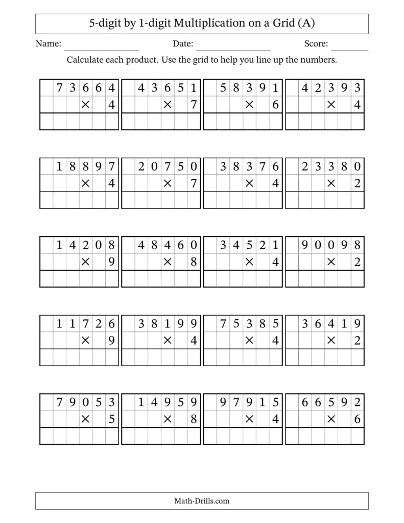 5-digit by 1-digit Multiplication with Grid Support (A)