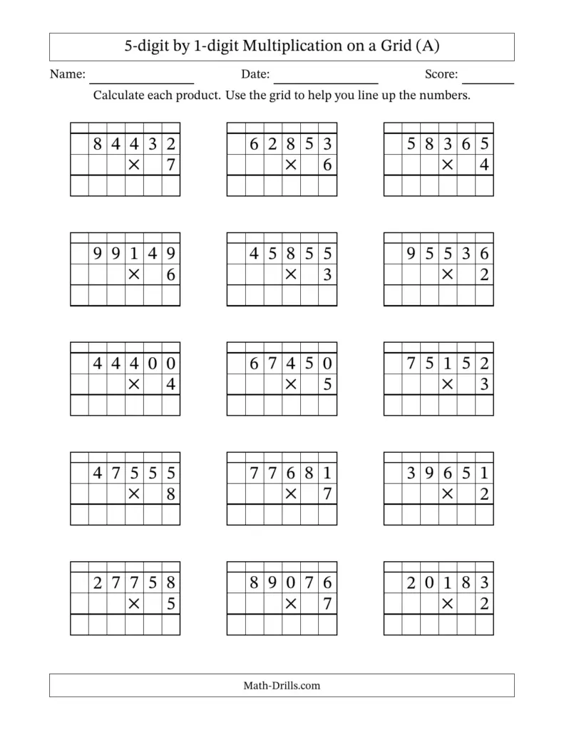 5-digit by 1-digit Multiplication with Grid Support (A)