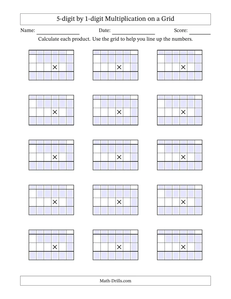 5 Digit By 1 Digit Multiplication Worksheets - 5-digit by 1-digit Multiplication with Grid Support Including ...