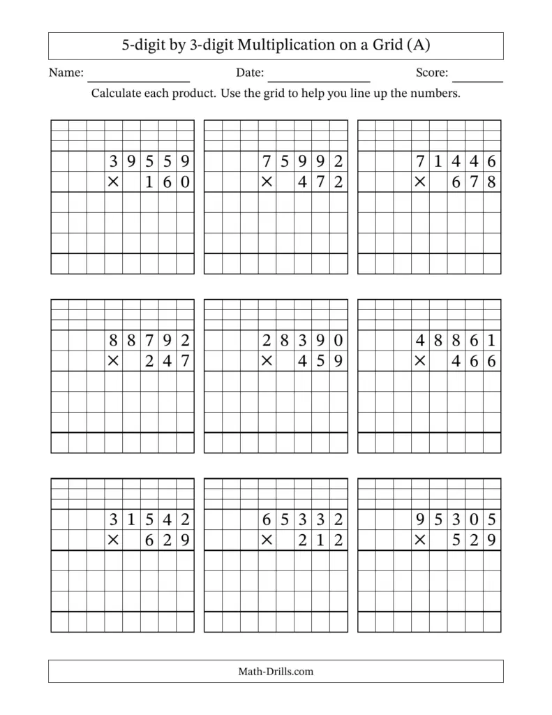 5 Digit By 3 Digit Multiplication Worksheets - 5-digit by 3-digit Multiplication with Grid Support (A)