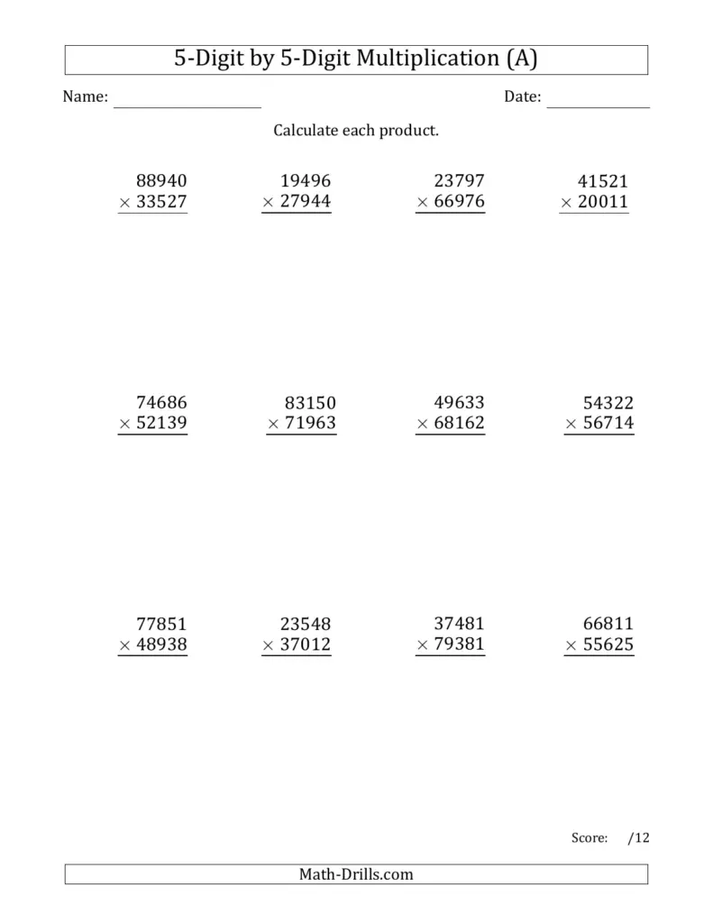 5 Digit By 5 Digit Multiplication Worksheets – Multiplying 5-Digit by 5-Digit Numbers (A) 5 Digit By 5 Digit Multiplication Worksheets - Multiplying 5-Digit by 5-Digit Numbers (A)