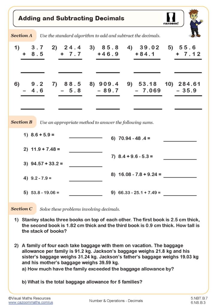 5th grade math worksheets focusing on adding and subtracting decimals