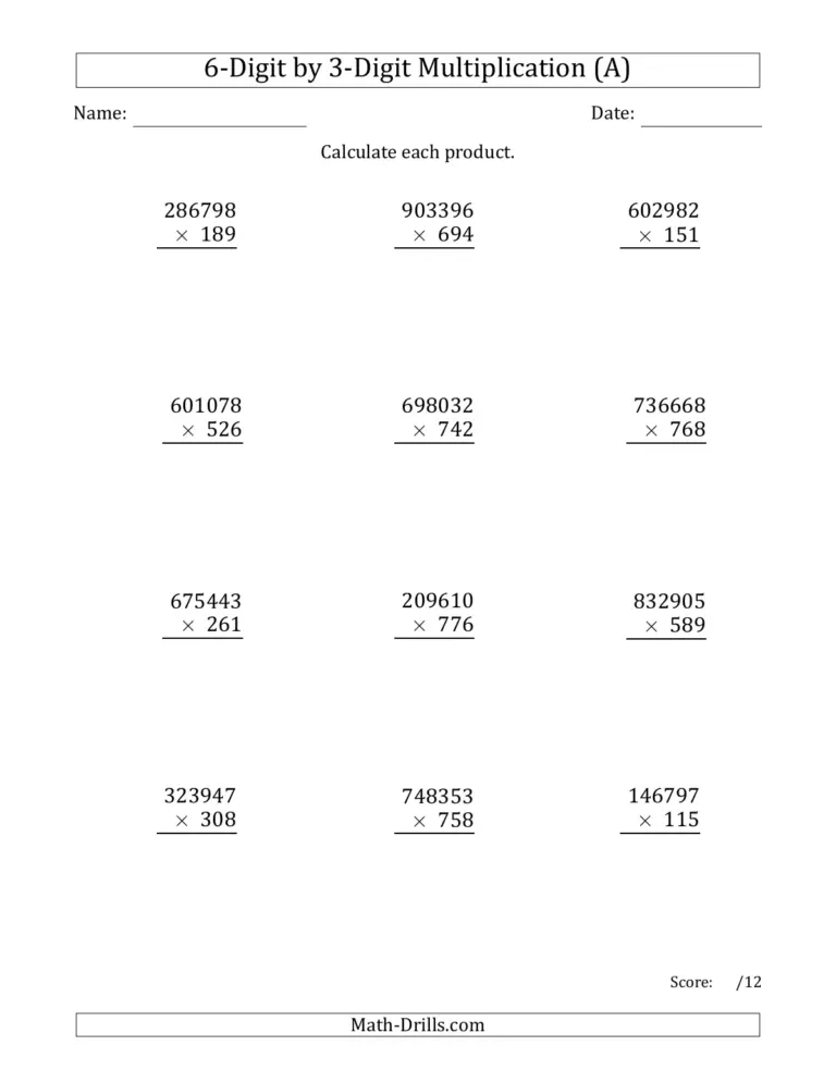 Printable 6 G 3 Math Worksheets featuring 6-digit by 3-digit multiplication problems