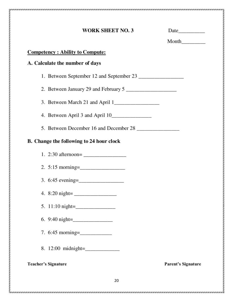 Printable Class 4 Maths worksheet for calculating days and time