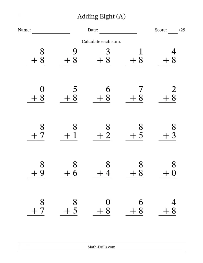 Free printable 8 Years Old Math Worksheet featuring addition problems with the number eight