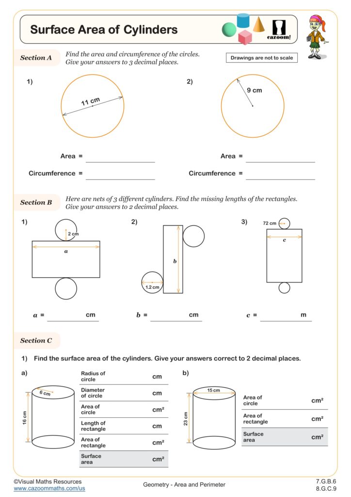 Printable worksheet for calculating area and perimeter of cylinders and shapes