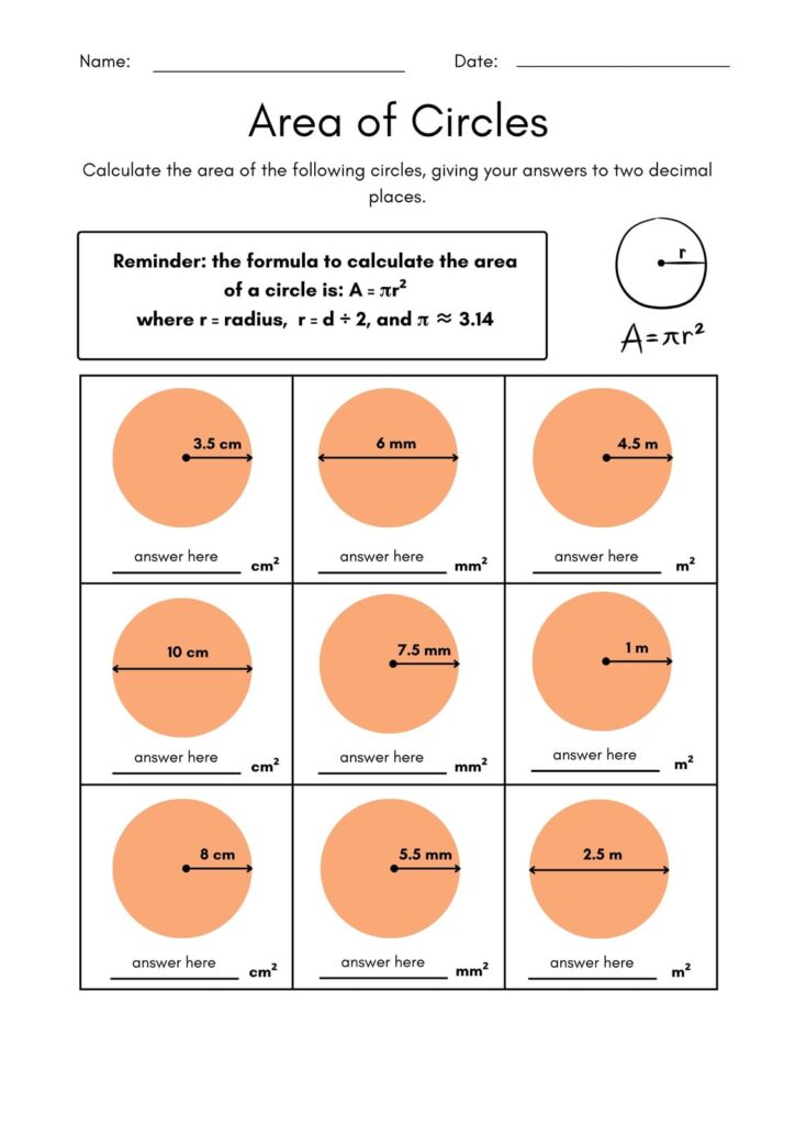 Printable Area of Circles Worksheet for 8 Year Olds Worksheet showing how to calculate the area of circles with various sizes