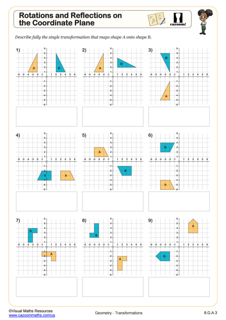 Free printable 1-8th Grade Math Work Sheets illustrating rotations and reflections on the coordinate plane