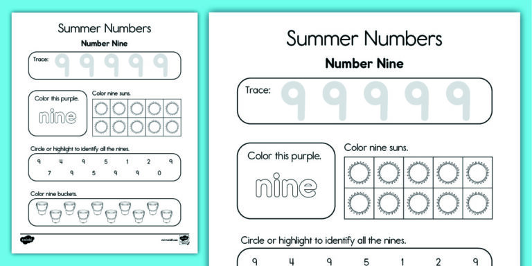 Engaging summer number nine activity sheet for 9 Year Old Math Worksheets with tracing and coloring tasks