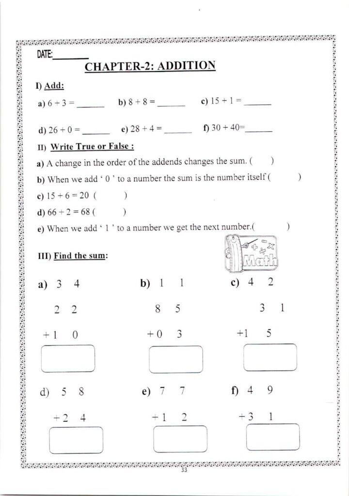 Class 2 Cbse Maths Worksheet featuring addition exercises for young learners