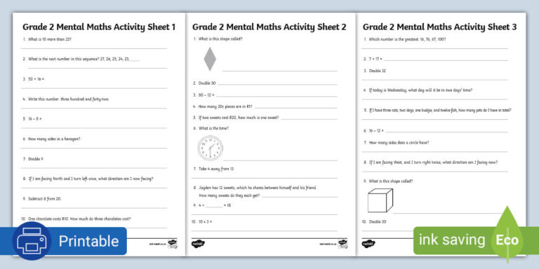 Free printable Activity Sheets For Math Grade 2 featuring engaging mental math exercises