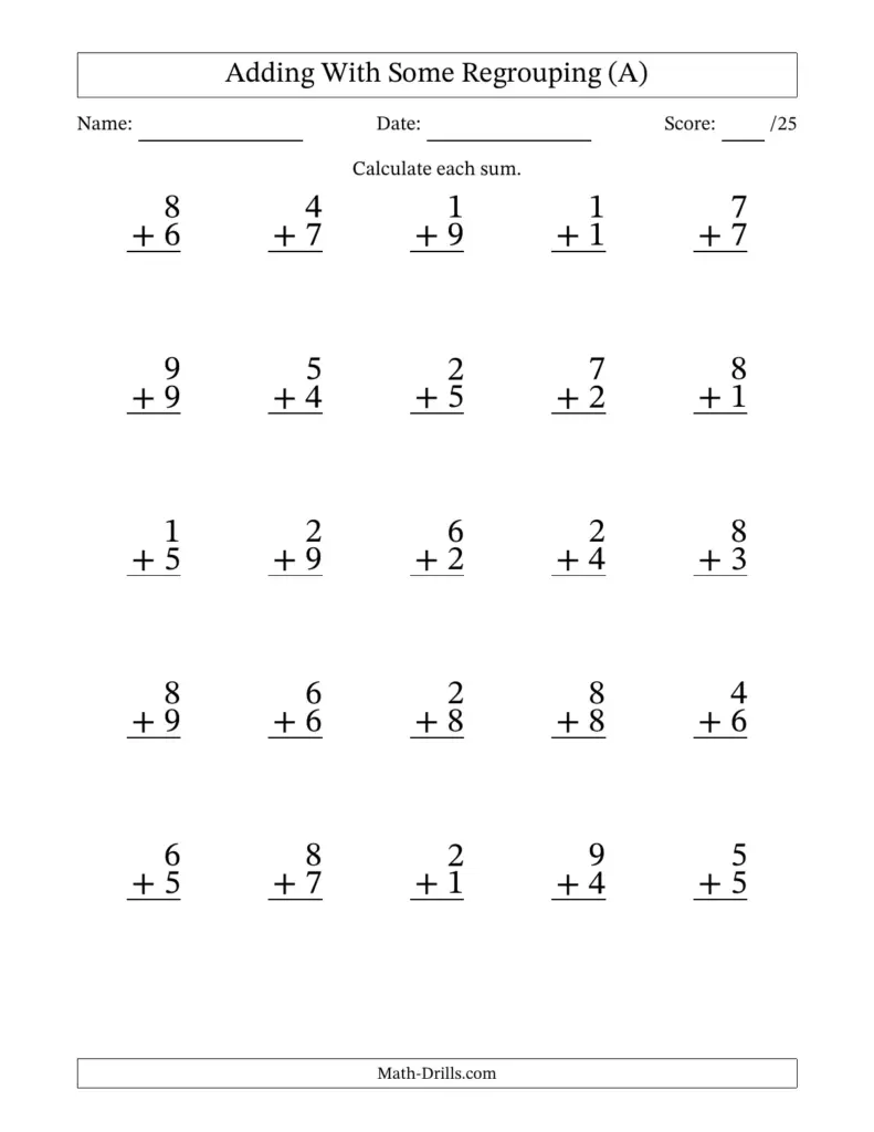 Worksheet with 25 addition problems requiring regrouping