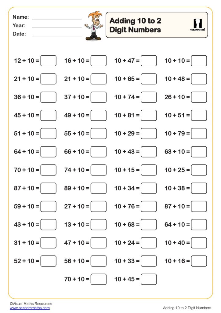 Adding 10 to 2 Digit Numbers Worksheet Worksheet with 50 questions for adding 10 to two-digit numbers