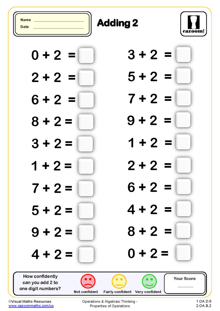 Adding 2 Drills – 20 Questions Worksheet for Math Practice Worksheet with 20 questions for adding 2 to one-digit numbers for math practice