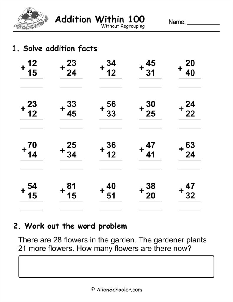 Adding Within 100 Worksheets for Practice Worksheet for adding within 100, including word problems and addition facts