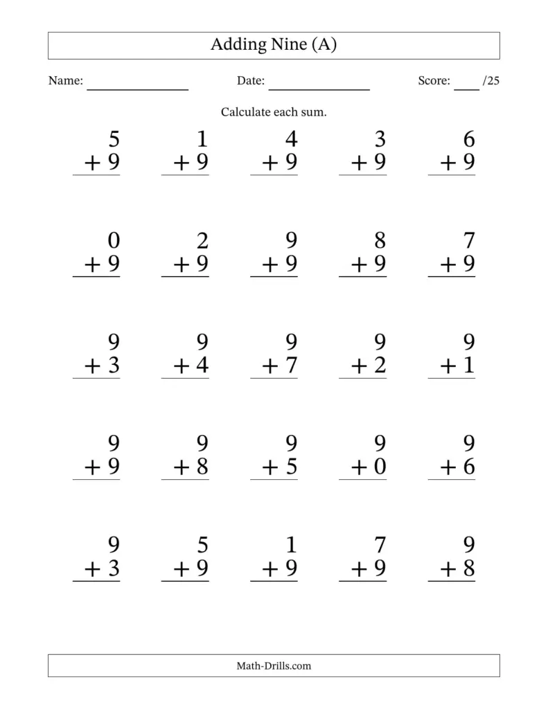 Printable Addition Worksheet for Kids Worksheet for practicing addition with the number nine for young learners