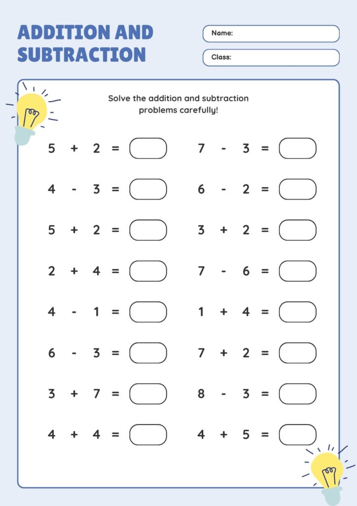 Worksheet for kids featuring addition and subtraction problems to solve