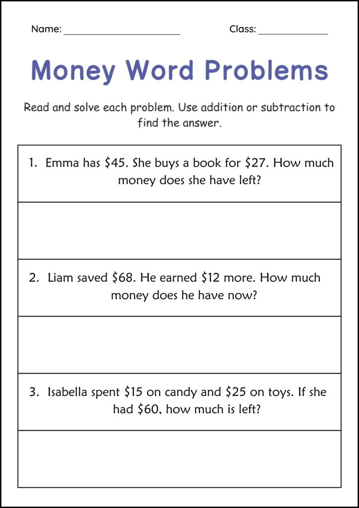 Printable addition and subtraction money word problems worksheet for second graders