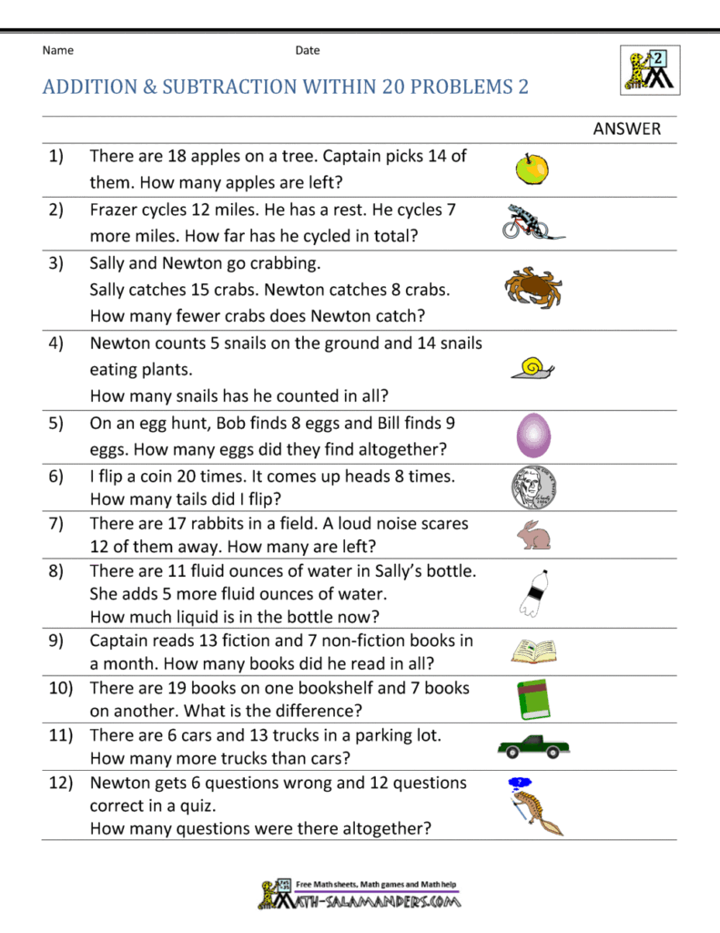 Addition And Subtraction Word Problems Within 20 Worksheets Addition And Subtraction Word Problems Within 20 Worksheets