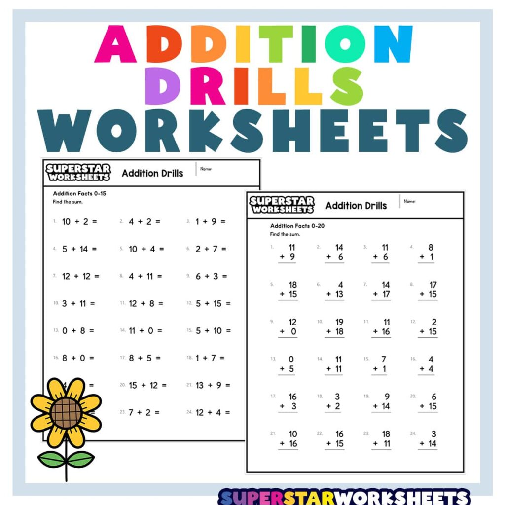 Colorful addition drills worksheets for 2nd grade students