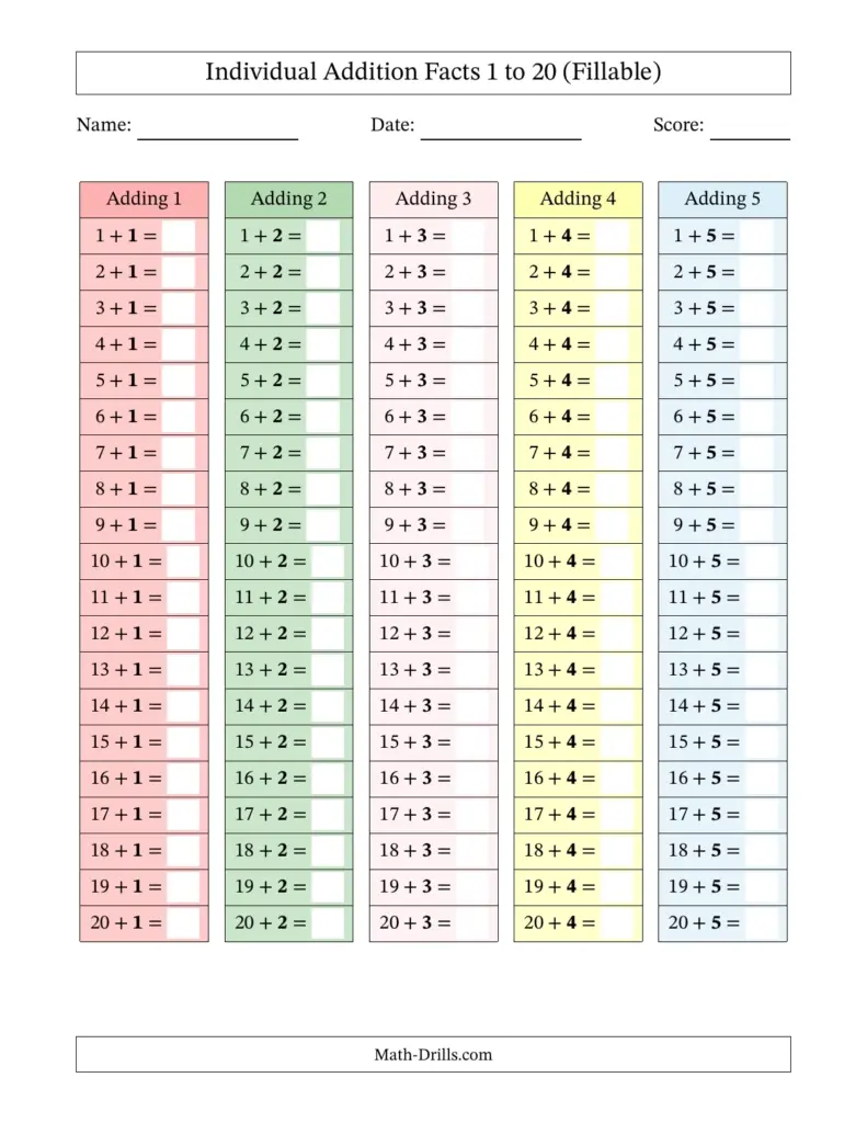 Printable fillable addition facts tables for numbers 1 to 20, designed for Montessori learning