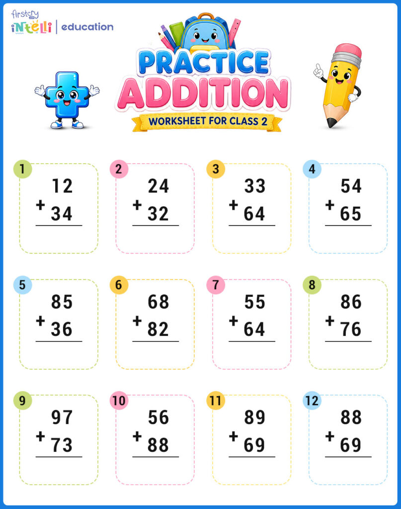 Printable addition methods practice worksheet for Class 2 students