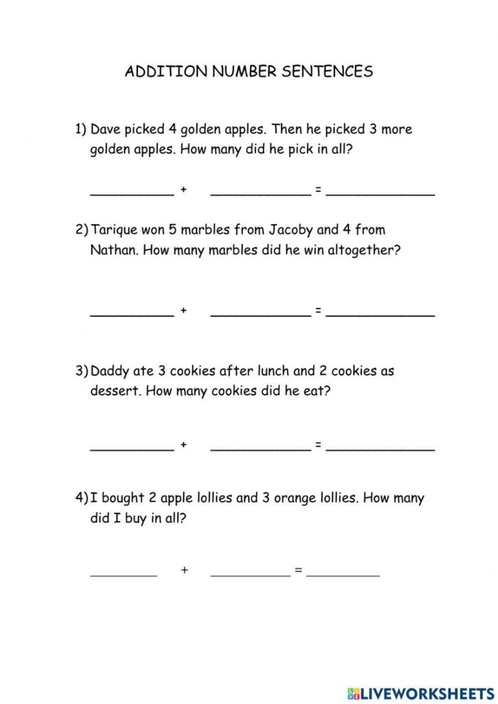 Addition Number Sentence worksheet | Live Worksheets Addition Number Sentence worksheet | Live Worksheets