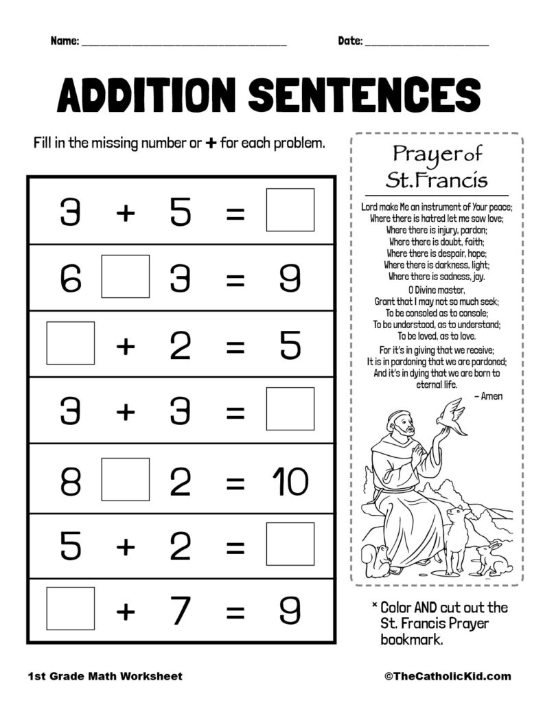 Addition Sentences – 1st Grade Math Worksheet Catholic … – Worksheets … Addition Sentences - 1st Grade Math Worksheet Catholic ... - Worksheets ...