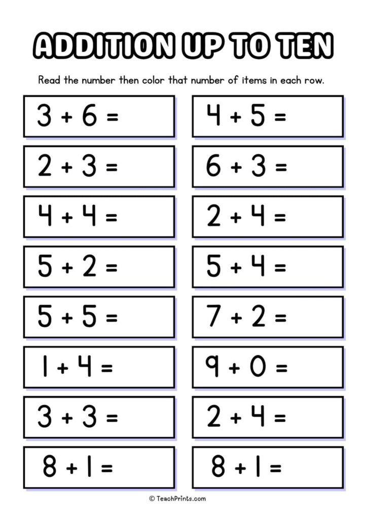 Printable Addition to 10 Worksheets for Kids Colorful addition worksheet for kids to practice adding numbers up to 10