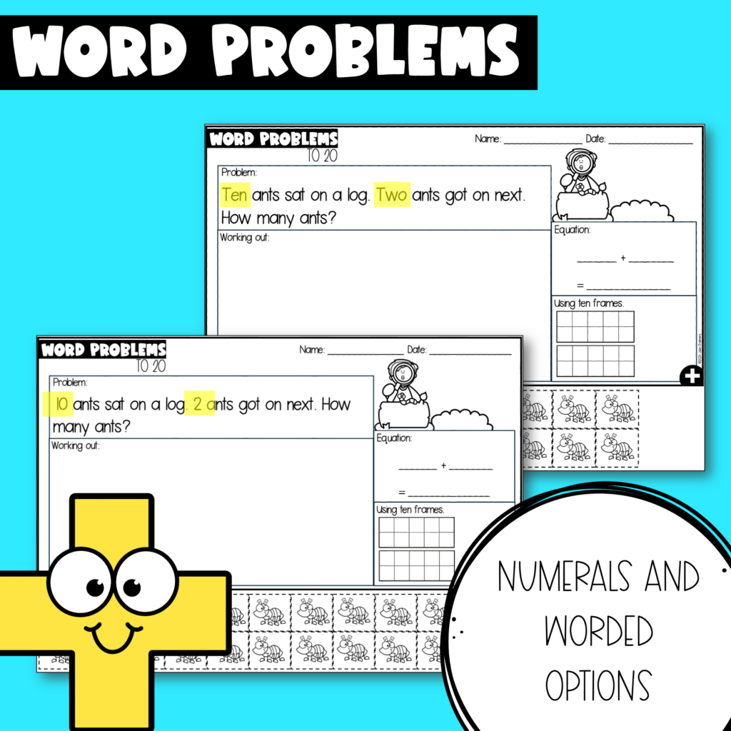 Hands-on printable activity sheets with word problems for addition to 20