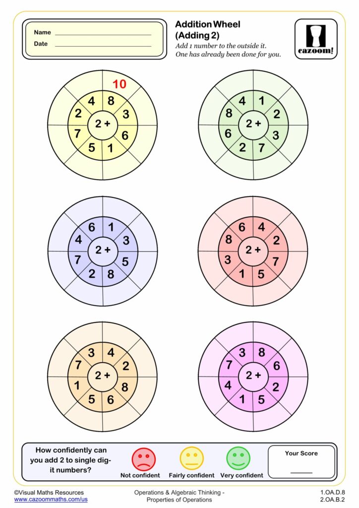 Addition Wheels Adding 2 Worksheet Printable addition wheels worksheet for adding 2, designed for Grade 2 students