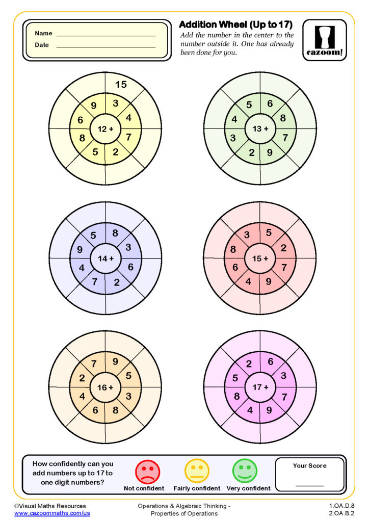 Interactive addition wheel worksheet for practicing addition up to 17