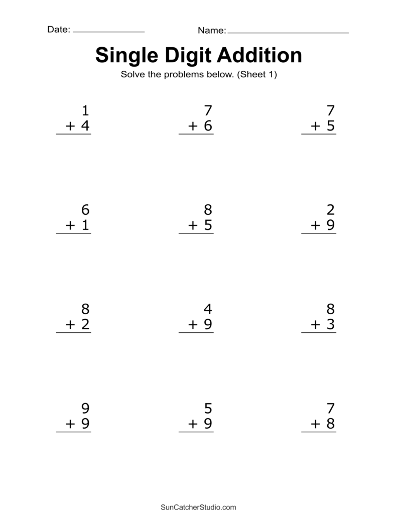 Simple addition worksheet with single-digit problems for kids