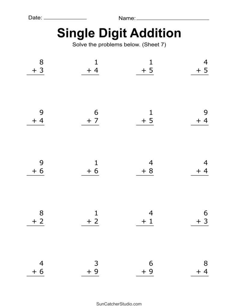 Easy single digit addition worksheet for young learners