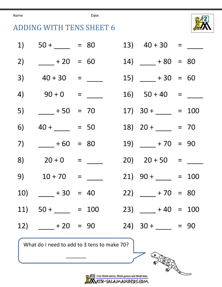 Free printable Advanced 2nd Grade Math Worksheets focusing on adding tens with blank spaces
