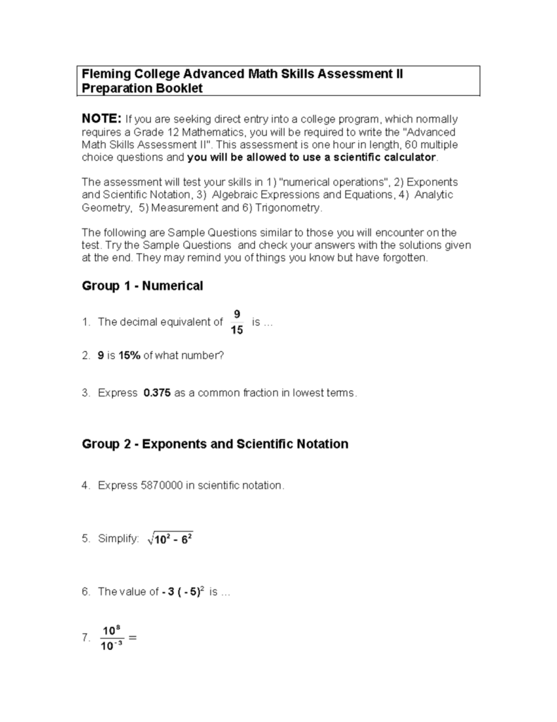 Advanced Math II prepbook – Fleming College Advanced Math Skills … Advanced Math II prepbook - Fleming College Advanced Math Skills ...