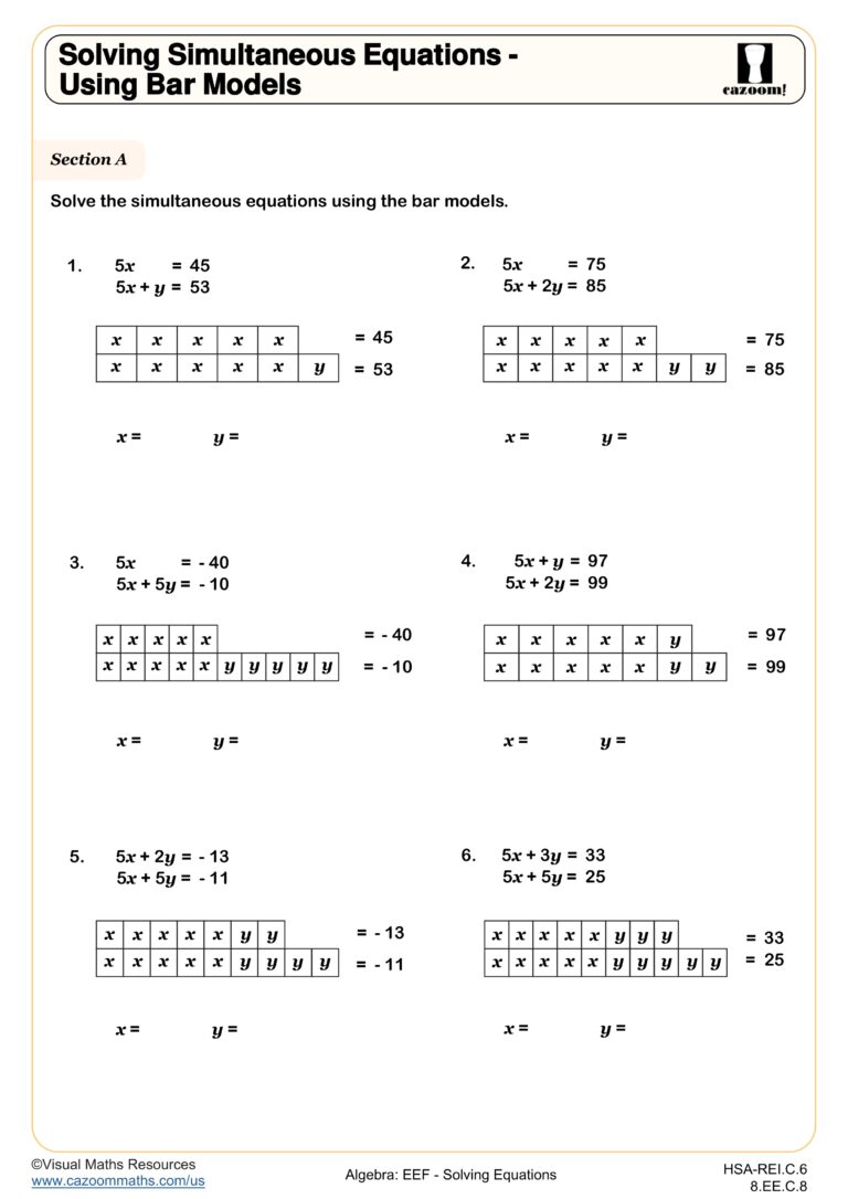 Printable Al Ansar International School Math Worksheets featuring bar models for solving simultaneous equations
