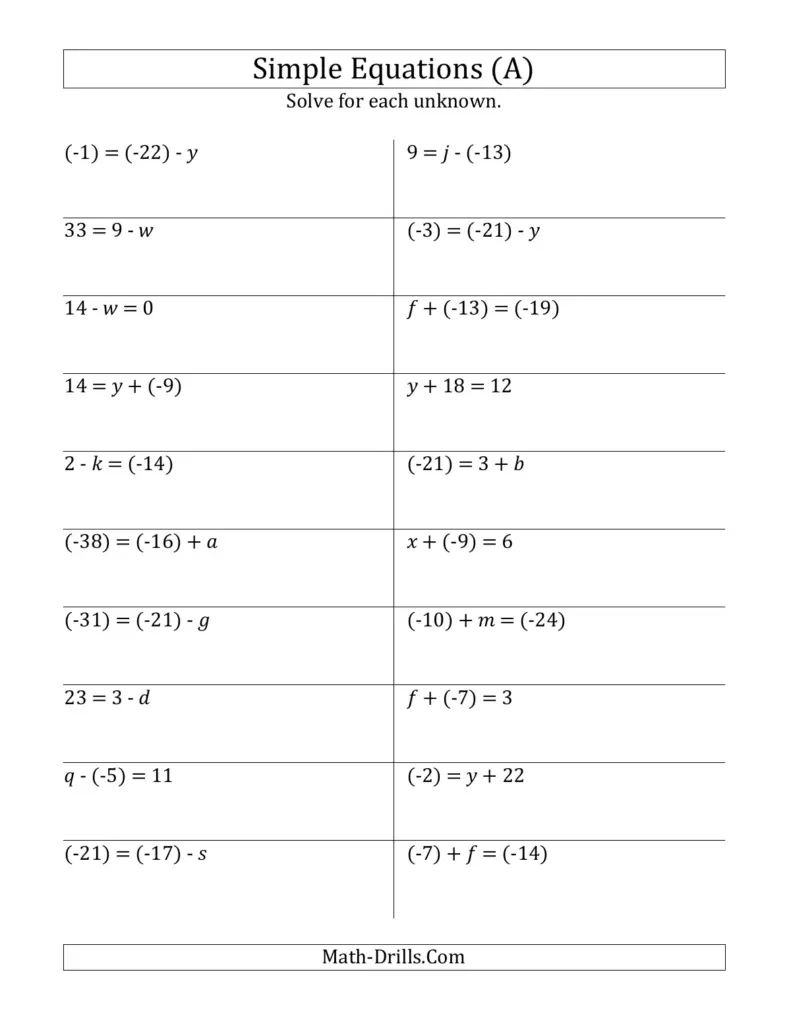 Algebra Worksheet for Simple Equations Worksheet featuring simple equations for algebra practice
