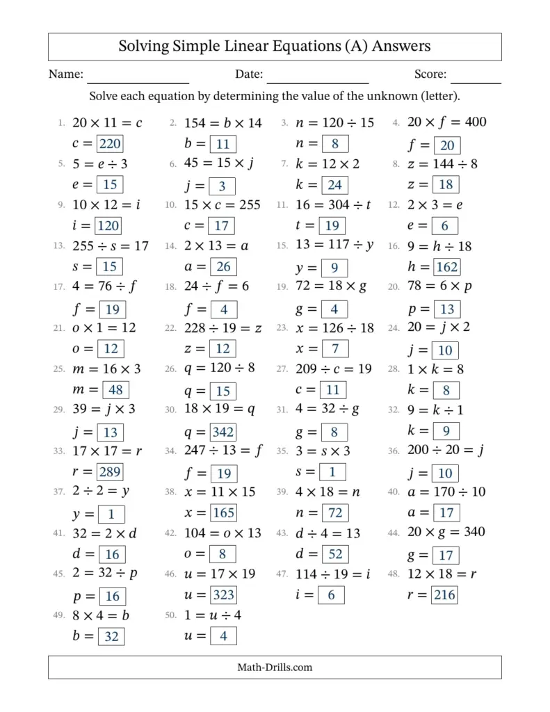 Printable worksheet with answers for solving simple linear equations with unknown letters