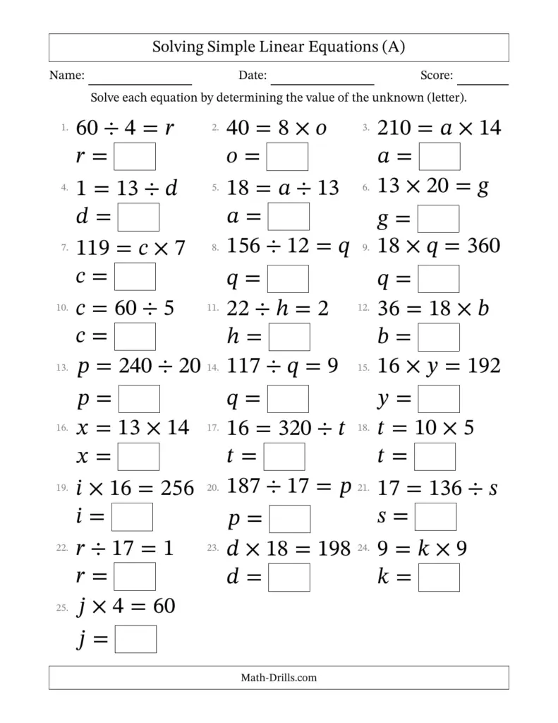 Printable algebra worksheet with equations featuring unknown letters in various positions
