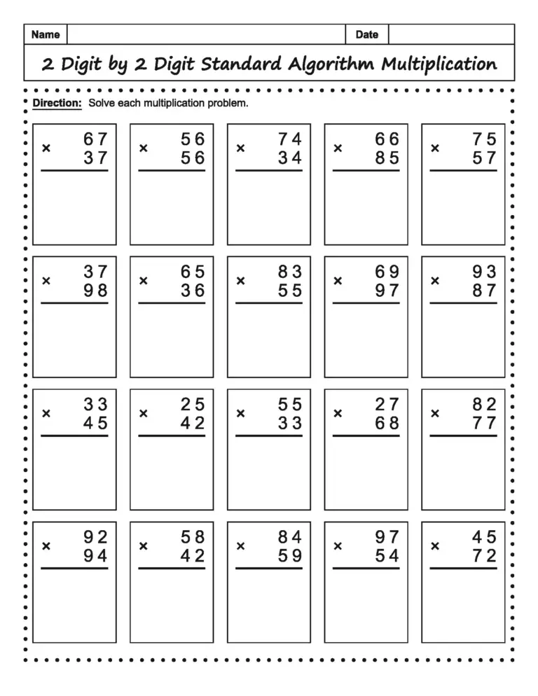 Free printable Algorithm Worksheets For Grade 2 featuring 2 digit by 2 digit multiplication problems