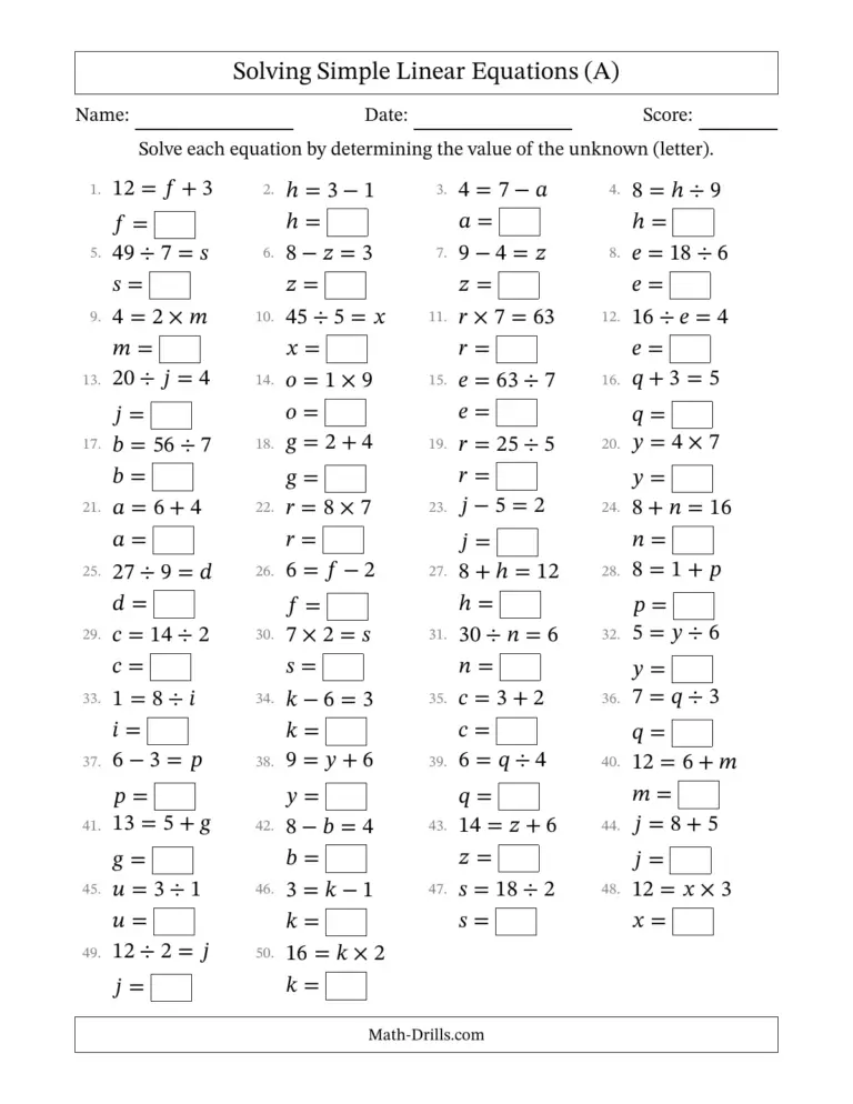 Printable answer key to math worksheets for solving simple linear equations with unknown variables